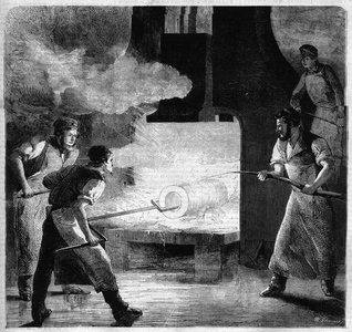 Imperiale foundry of Douai, manufacture of a barrel in steel rod. engraving, 1866.