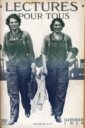Front Page depicting two female workers, from 'Lectures Pour Tous', 15th February 1918 (litho)