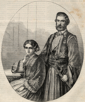 Portrait of the Prince of Serbia Michael III (1823-1868) and Princess Julie (1831-1919). Engraving in “” L'Univers illustrious””, 1868.