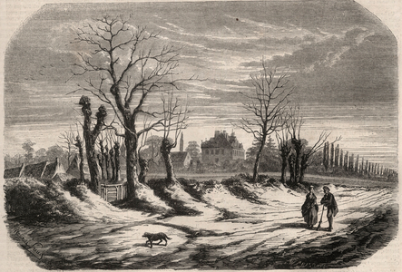 House of George Sand (1804-1876) (Aurore Dupin), Baroness Dudevant to Nohant Vic (Nohant-Vic) in the Indre (36). Engraving in “Le Monde illustrious”” from 1857. Private collection.