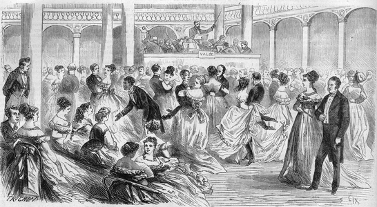 The annual homesmen ball at the Salle de l'Etoile, Avenue de Wagram in Paris. Engraving in “” The Illustrious Universe””, 1868. Private collection.