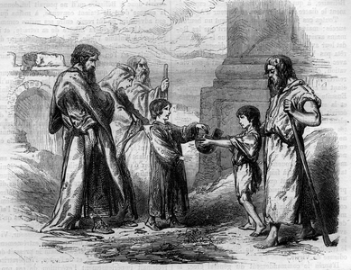 Belisaire (v.500-565) blind and begging by the order of Justinian, to whom he had given gold and the land of the sale. Engraving in “Histoire des Papes-Rois-Queen and Empereurs a travers les centuries”” by Maurice Lachatre, 1863.