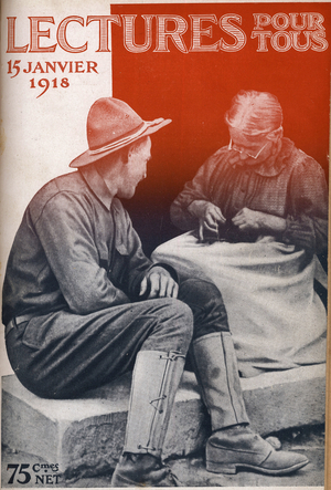 First World War: Soldier observing the work of an old lady.  “Lectures pour tous" of January 15, 1918.