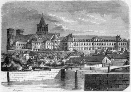Architecture: view of the Abbey aux Dames (around 1060) and the Church of the Holy Trinity (Romanesque style). Caen, Calvados (14), 1857. Former hospital, the Abbaye aux Dames now houses the seat of the Regional Council of Lower Normandy. Engraving in “” Le Monde Illustré”” n°31 of 14 November 1857.