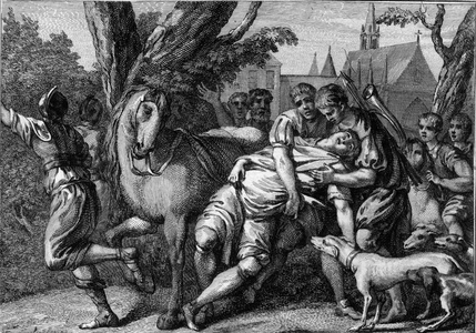 Assassination of Chilperic I, King of Neustria, sponsored by his wife, Queen Fredegonde, 584. Engraving of the 18th century.