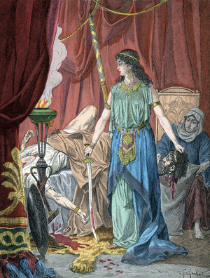 Judith with Holofernes' head - Judith and the head Holoferne - "Holy History" circa 1890 - color byHenri Grobet