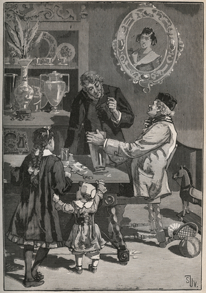 Potichomy, a 19th century process to imitate porcelain vases from China and Japan. Engraving from 1880 in “” Les arts et metiers illustres”” by Adolphe BITARD.
