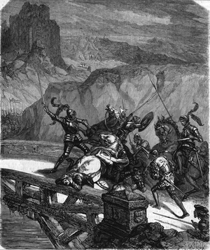 Pierre Terrail, lord of Bayard, defending the Garigliano Bridge (Italy) in 1503. Engraving of the 19th century.