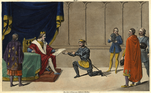 In 1327, Charles IV the Bel creates the seigneury of Bourbon into a duche pairie in favour of the son of Robert de Clermont and grandson of Saint-Louis, 1825 (engraving)