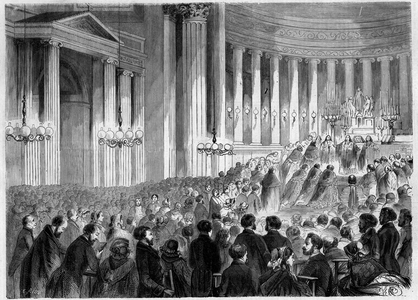 Religious Ceremony, Paris, Noel 1857: celebration of midnight Mass at the church of the Madeleine. Engraving in “” Le Monde Illustré”” n°38 of January 2, 1858.