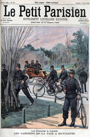 The police in Paris, the peacekeepers on bicycles.- in " Le petit Parisien", 1900 (print)