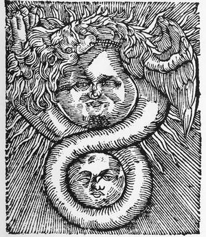 The Sun and the Moon: united by the Dragon - From the work of Basil Valentine “The Azoth of the Philosophers". Paris, 1659