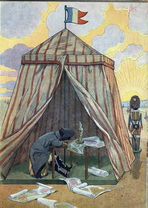 Scene of the history of France in toys: Napoleon I Bonaparte (1769-1821) at rest before the Battle of Austerlitz on 2 December 1815. In “” Joujoux a l'histoire: la France staged with the Joujoux de deux petits Francais””. Illustration of Job (Jacques-Marie Gaston Onfray and Breville) (1858-1931) 1908. Privee Collection.