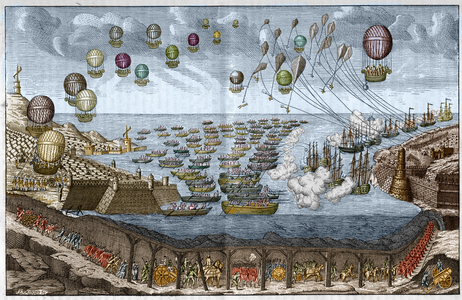 Project of attack (Invasion) against England in 1803 by Napoleon I - French troops walk through the Channel Tunnel while ships and balloons attack by sea and air - Engraving of 1803