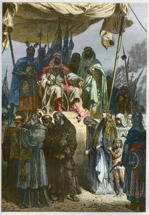 The siege of Jerusalem in 1187 by Saladin (1138-1193) (Salah al Din Yusuf al-Ayyubi (al Ayyubi) - The Christians leave Jerusalem under the gaze of Saladin - Sultan of Egypt and Syria. Saladin showing mercy towards the Christians of Jerusalem after his conquest of the city in 1187 - engraving from “” L'histoire de France racontee a mes grandenfants”” - by Francois Guizot - 1872-1876