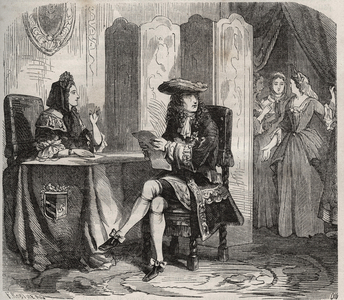 King Louis XIV (1638 -1715) and his wife, the Marquise of Maintenon (Francoise d'Aubigne or Madame de Maintenon, 1635-1719). Engraving from 1871 in “Histoire Des Cocus Celebres”” by Henry de Kock (1819-1892).