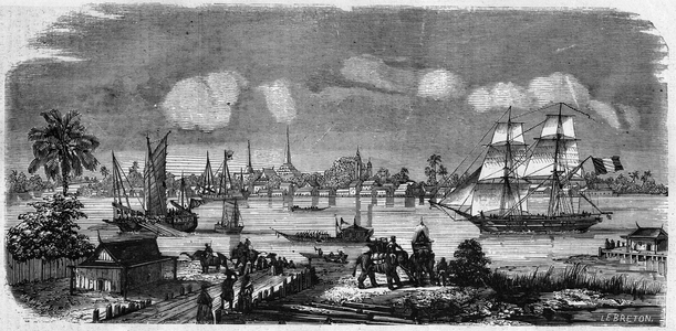 View of Bangkok City and Port (Bang-Kok), Kingdom of Siam (Thailand), 1857. Engraving in “” Le Monde Illustré”” n°35 of 12 December 1857.