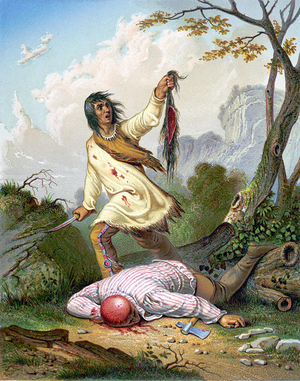An American Indian holding a knife and a scalp over a man lying on the floor, 1860 (engraving)
