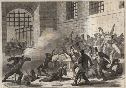 Revolt at the Rochefort bagne in the 19th century. Engraving in “Histoire des bagnes depuis leur création à nos jours”” (1877) by Pierre Zaccone (1817-1895) (Colonia Penale - Penal colony)