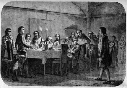 James Boswell (1740-1795) Scottish writer and lawyer, son of Lord Alexander Boswell received during a meeting at a meal given by Pascal (Pasquale) Paoli. In “” Pasquale Paoli ossia la rotta di Pontenuovo””” by F.D. Guerrazzi. 1872.