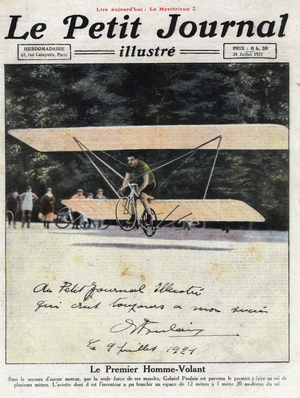 Dedicated portrait of the French inventor and cyclist Gabriel Poulain aboard his “aviette”, a bicycle, 1921 (print)