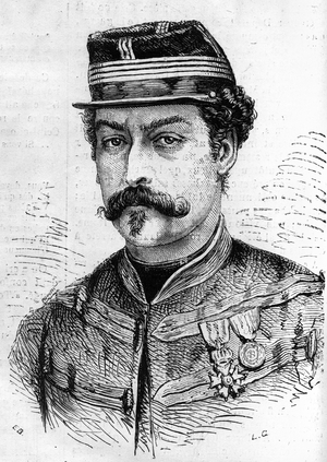 War of 1870: portrait of Leon Franchetti (1834-1870), French soldier, commander of the Scouts of the Seine. Engraving in “” Le Monde Illustré”” n°714 of 17 December 1870.