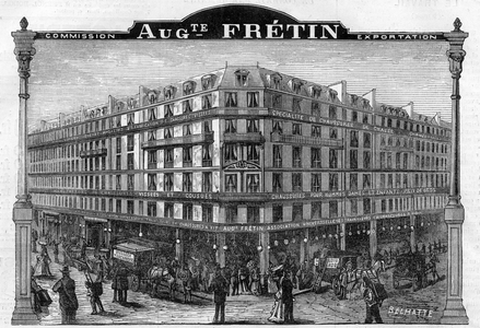 Large Chausage Manufacture “” Auguste Fretin””, Paris VIth Arrondissement 64, rue de Rennes. Engraving from 1883
