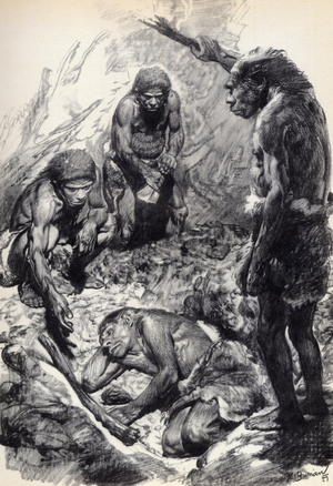 The Neanderthal or Neandertal - Man of Neandertal - Sepulture of Moustier - Neanderthal site located in the town of St Leon-sur-Vezere - in “”Prehistoric Men””” (drawing)
