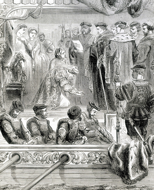 Arrest of Anne de Boleyn (Anna or Ann Bolin and Anne Bullen, 1501/1507-1536) - in “” Cassell's illustrated history of England”, vol. II, by William Howitt, 1857.