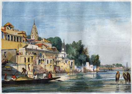 View of the Sutti Chowra Ghat on the Ganges, in Cawnpore (Kanpur), India in 1857.