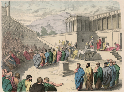 Ancient Greece: Theatre - Production of the tragedy Agamemnon, 1866 (coloured engraving)
