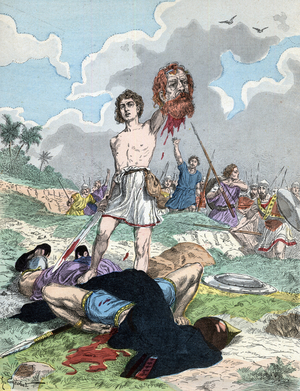 David with the Head of Goliath - David holding Goliath's head - “Holy History” circa 1890 - colour byHenri Grobet