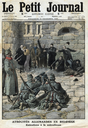 First World War 1914-1918 : “German Atrocites in Belgium”. Execution of civilians sentenced to death with machine guns in Liege, on 12/12/1915.