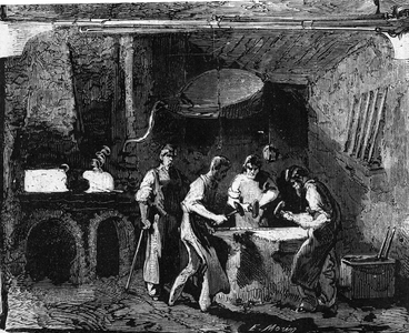 Manufacture of rifle cannons: workers working iron with a hammer, after melting, to make plates. Engraving in “” Le Monde Illustré”” n°35 of 12 December 1857.