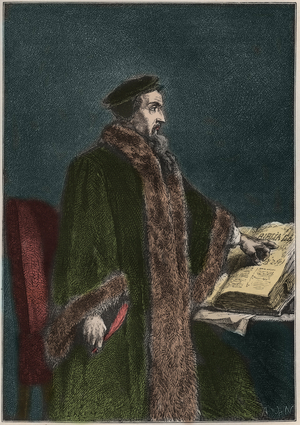 Portrait of Jean Calvin (Jean Cauvin) (1509-1564), French religious reformer and writer - John Calvin - engraving from “” L'histoire de France racontee à mes grandenfants”” - by Francois Guizot - 1872-1876