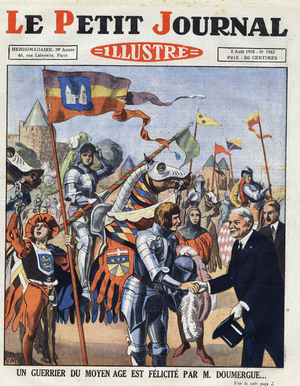 Gaston Doumergue, President of the French Republic, shakes the hand of a knight from the Middle Ages at a medieval feast in the City of Carcassonne,  1928.