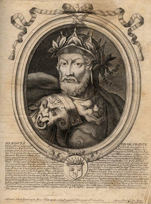 Portrait of Merovee or Merovech Roi franc 1st king of the Merovingian race, 1679 (engraving)