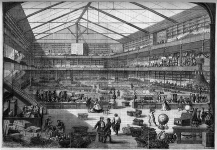 Internal view of a glassware shop in France, 1863. Engraving in “” Le Monde Illustré”” n°346 of 28 November 1863.