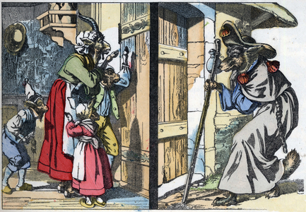 The disguise wolf knocks on the door of the house with the goat and the biquets. Illustration of the tale “Compere le Loup, Maitre Renard, Comere la Chevre et ses petits biquets”” after a fable by Jean de la Fontaine. In “” Tales from the home for the little ones””. Anonymous engraving of the 19th century.