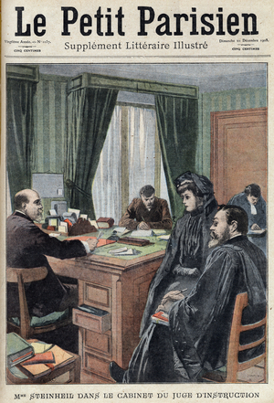 Steinheil case: Marguerite Steinheil in the office of the investigating judge in Paris.  "Le petit parisien" on 20/12/1908.