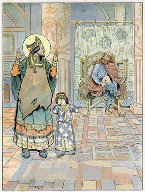 Saint Eloi points out to the King of France Dagobert I ) that his trousers were put upside down , 1896 (engraving)