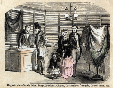 Description of the various uses and products made from sheep: view of a shop of wool fabrics and fabrics, sheets, lime, cashmere. Plate “” Les moutons”” in “” les Recreations instructives”” Synoptique painting by Jules DELBRUCK, engraving from 1860. Private collection.
