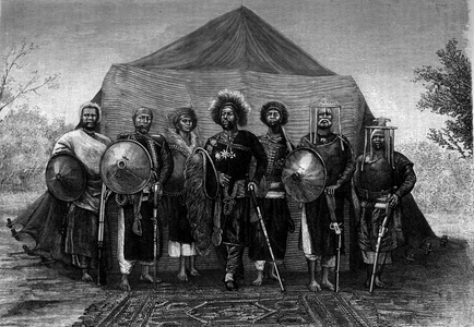 Menelik II (1844-1913), King of Ethiopia, surrounds his army chiefs. Engraving in “” Le Journal de la jeunesse””, 1890.