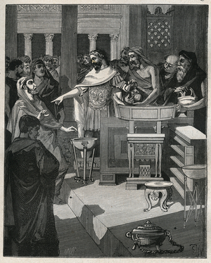 The Roman Emperor Caligula (12-41) in a brocanter in Roman Gaul. Engraving from 1885 in “” Les arts et metiers illustres”” by Adolphe BITARD.