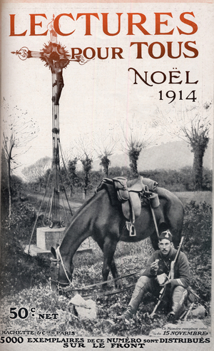 Front Page depicting a soldier taking a break by the side of the road, from 'Lectures Pour Tous', 1914 (colour litho)