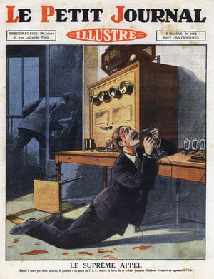 The supreme call: wounded dead by two bandits, the guard of a German T.S.F. post finds the strength to drag himself to the phone and dies calling for help,  1928.