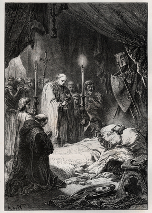 Death of Saint Louis a Tunis on 25 August 1270 - Death of St Louis”” (during the 7th crusade, on 25th August 1270) - engraving from “” L'histoire de France racontee a mes grandenfants”” - by Francois Guizot - 1872-1876