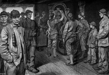 Charbonnieres adorning the statue of Saint Barbe. Engraving in “Le journal de la jeunesse””, 1885.