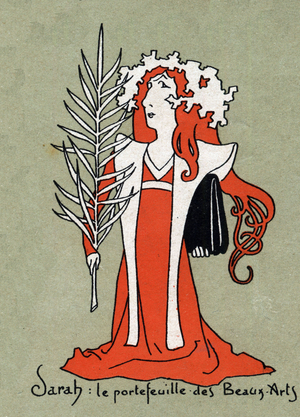 Cartoon of Sarah Bernhardt as a portfolio of Fine Arts, 1899 (engraving)