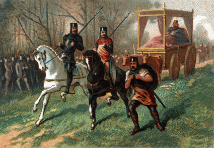 Thierry I (? - 533), King of Austrasia on a cart drags by oxen. Chromolitography of the late 19th century.